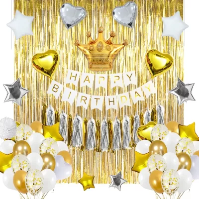 White And Gold Happy Birthday Decoration Set