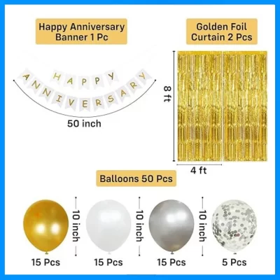 Happy Anniversary Decoration Combo | Gold, White & Silver Theme Party Pack